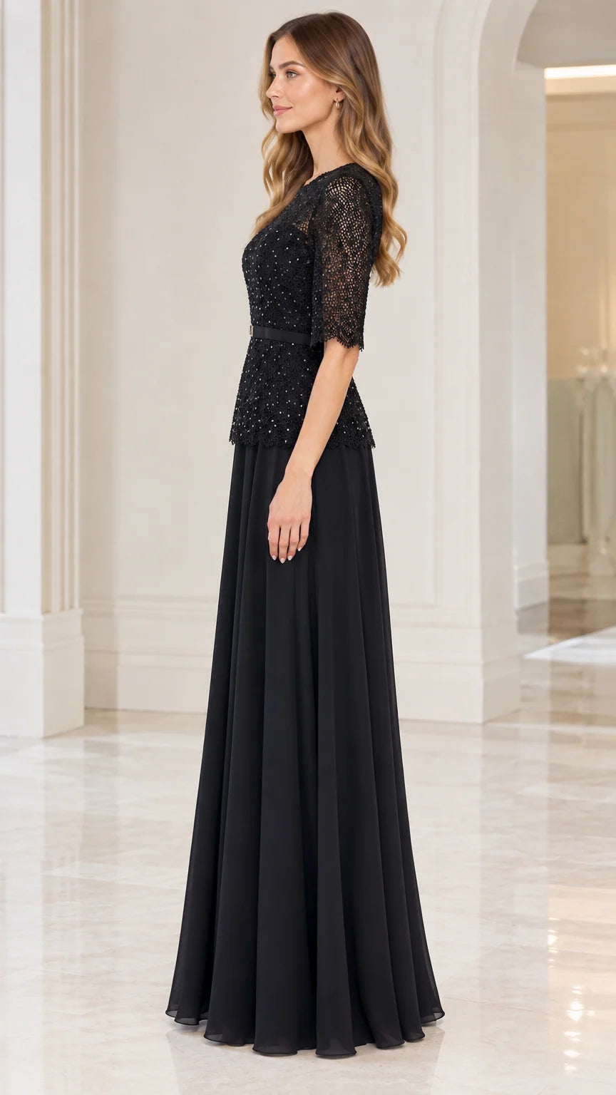 Side full view of black sequin lace formal evening gown