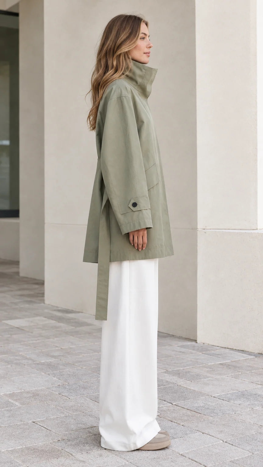 Side profile view of Sage Green relaxed belted short trench coat