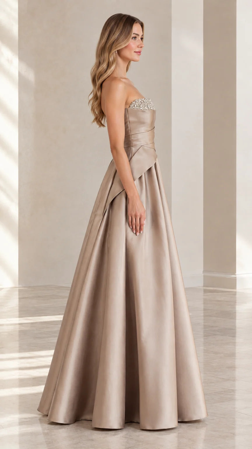 Champagne satin formal dress with draped waist side profile