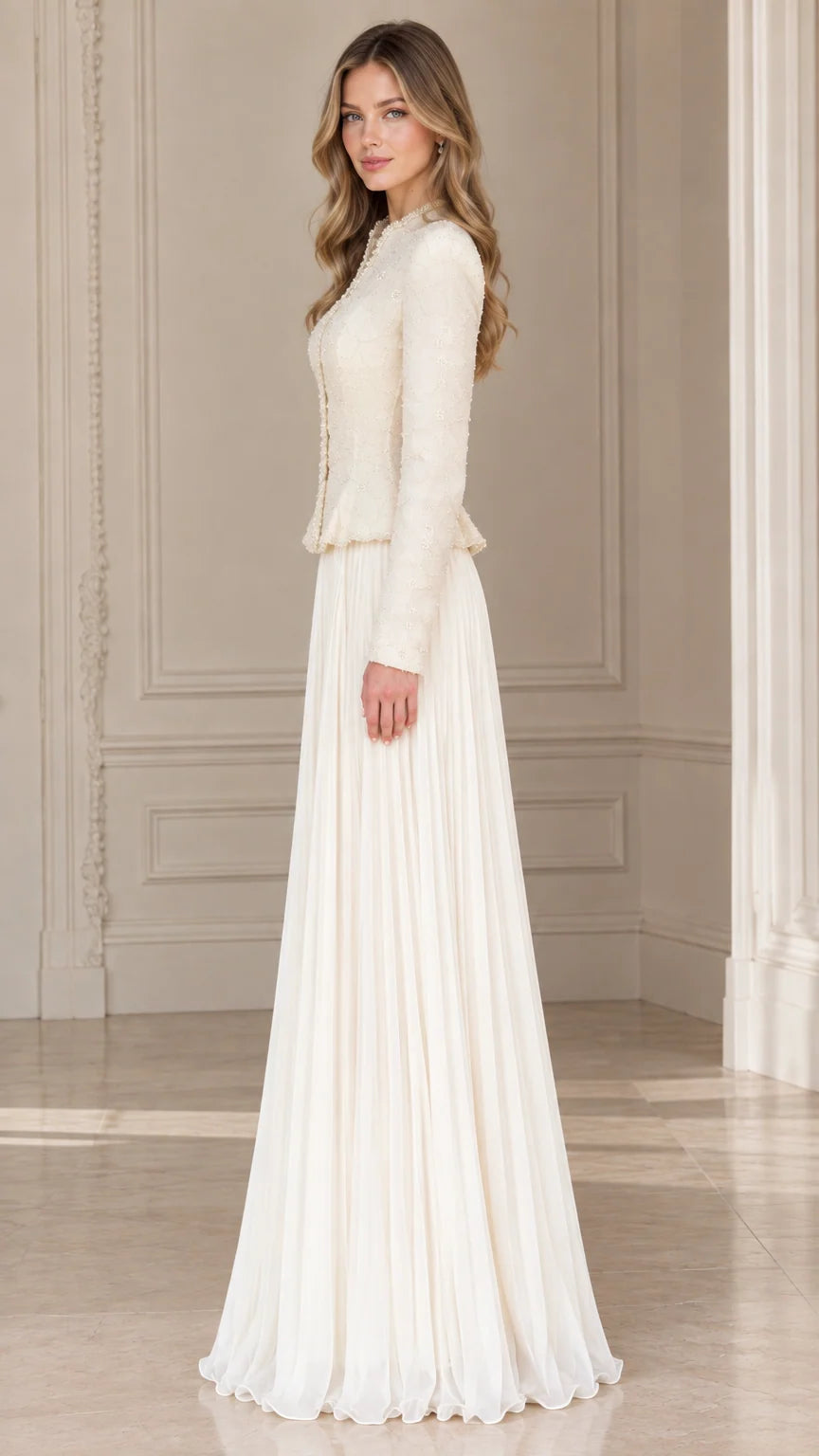 Side profile view of ivory cream formal peplum evening suit set