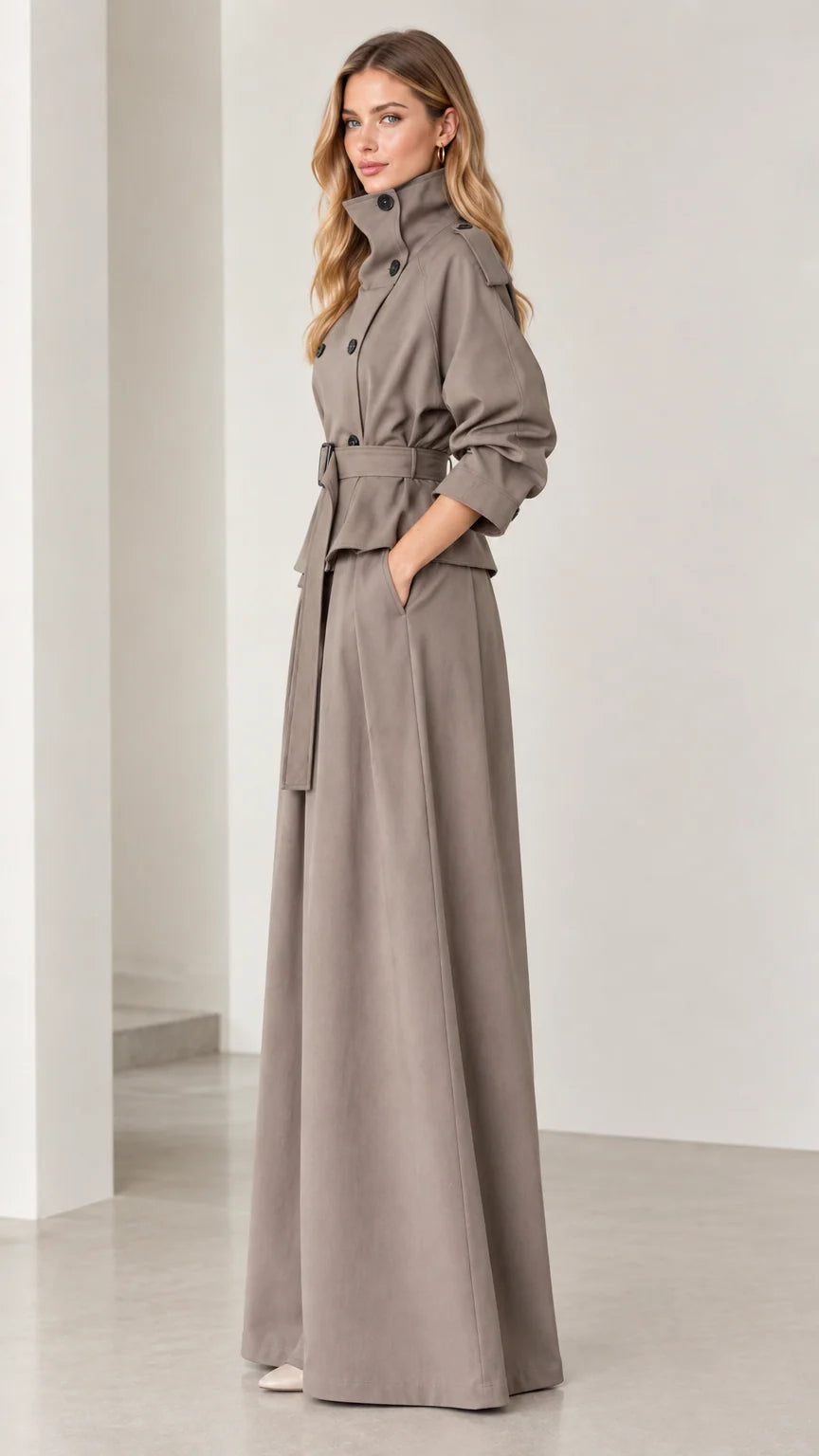 Side profile view of taupe high-neck jacket and pleated wide-leg pants co-ord set