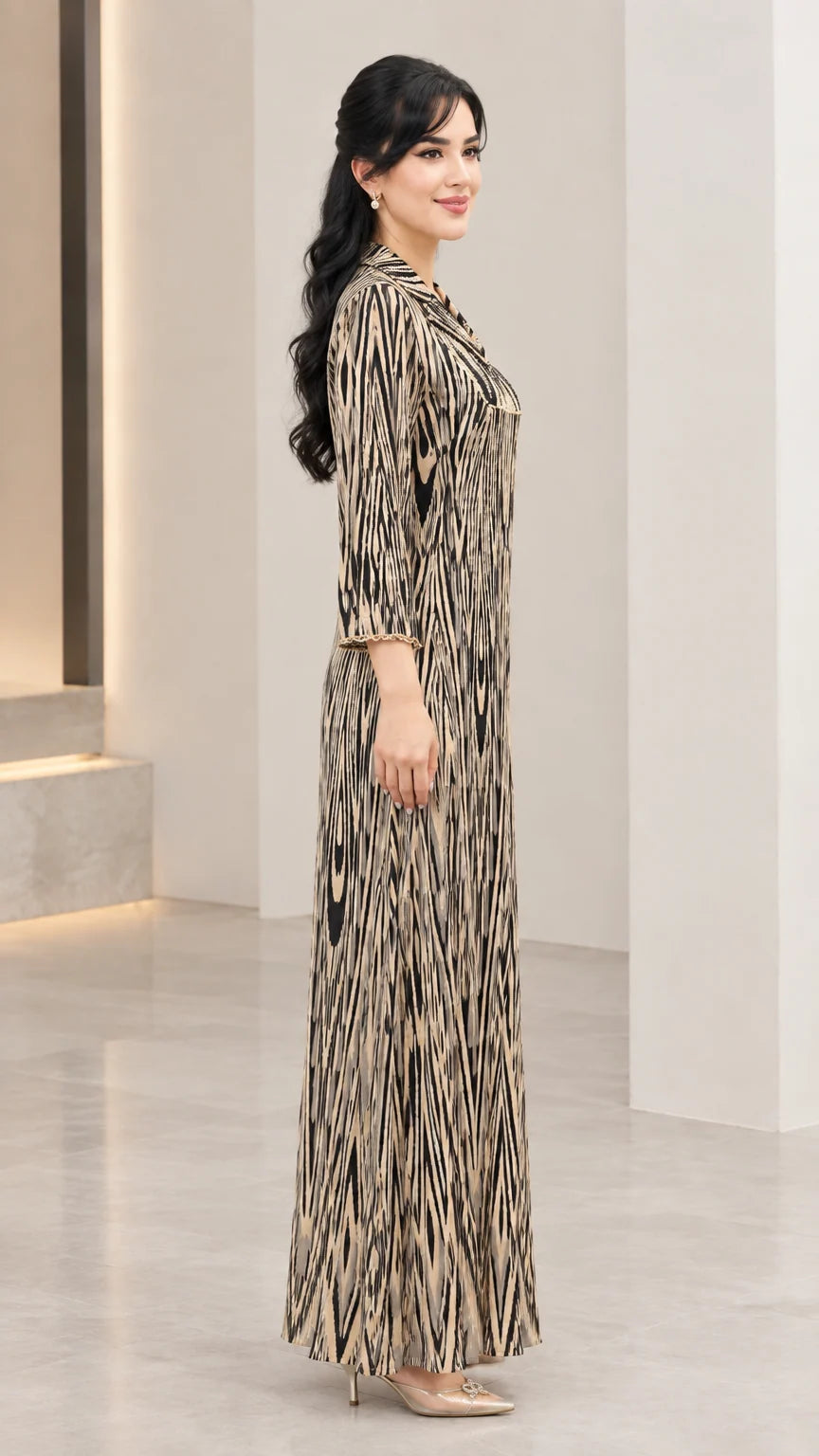 Side profile of champagne gold printed long sleeve maxi dress