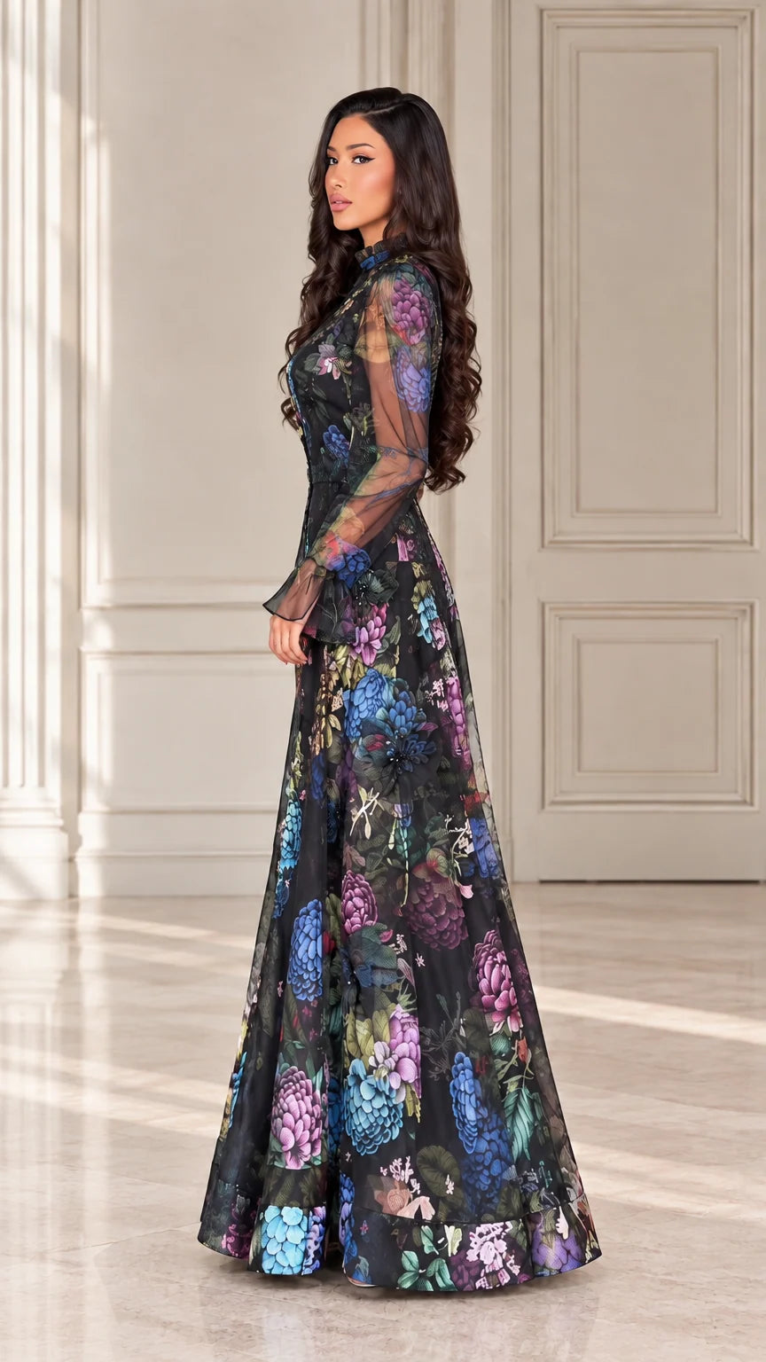 Side profile of woman wearing black botanical print maxi gown