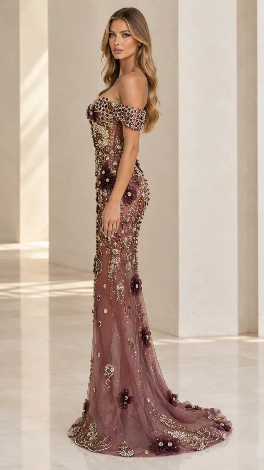 Side profile view of dusty mauve 3D floral embellished evening gown