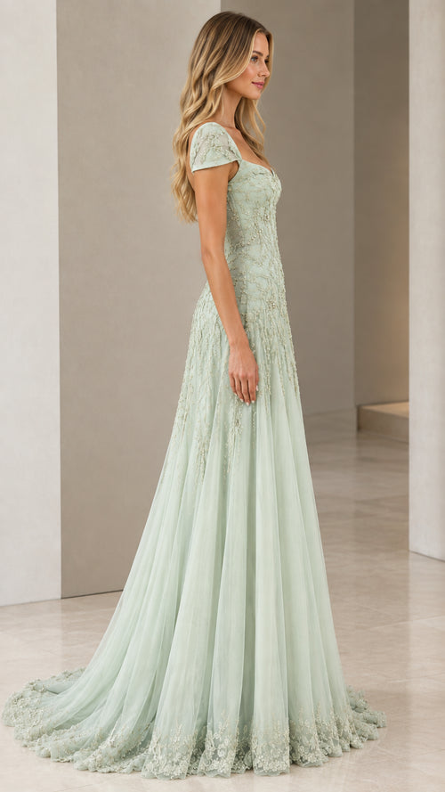 Side profile of model wearing Sage Green floor-length A-line formal dress