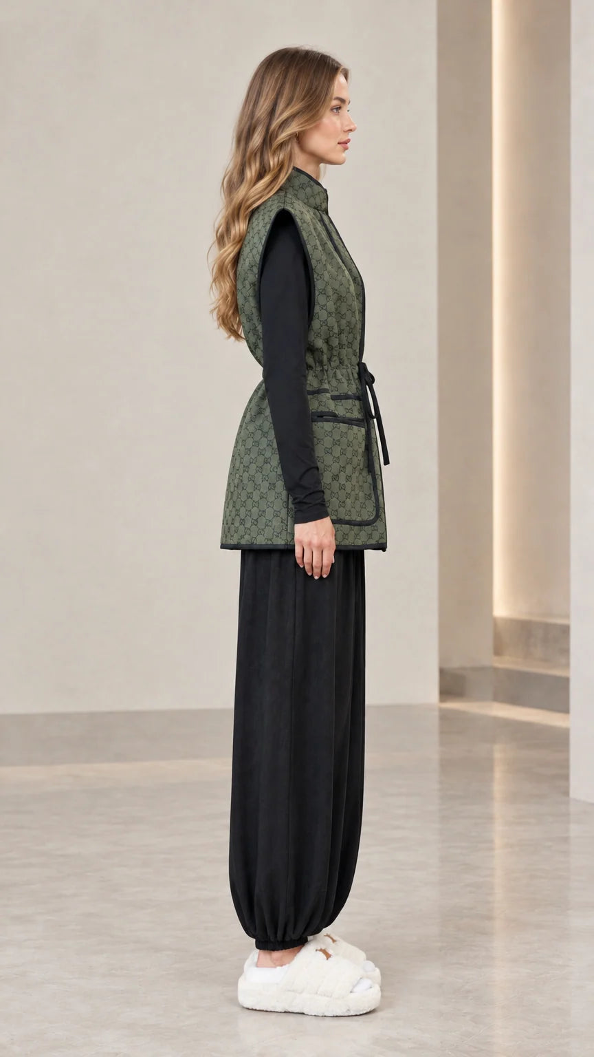 Side profile view of woman wearing olive green monogram sleeveless vest