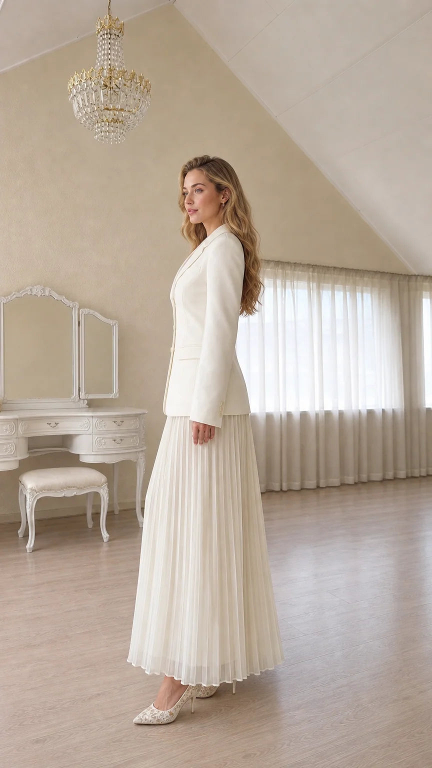 Side profile view of a woman in a white blazer and long skirt