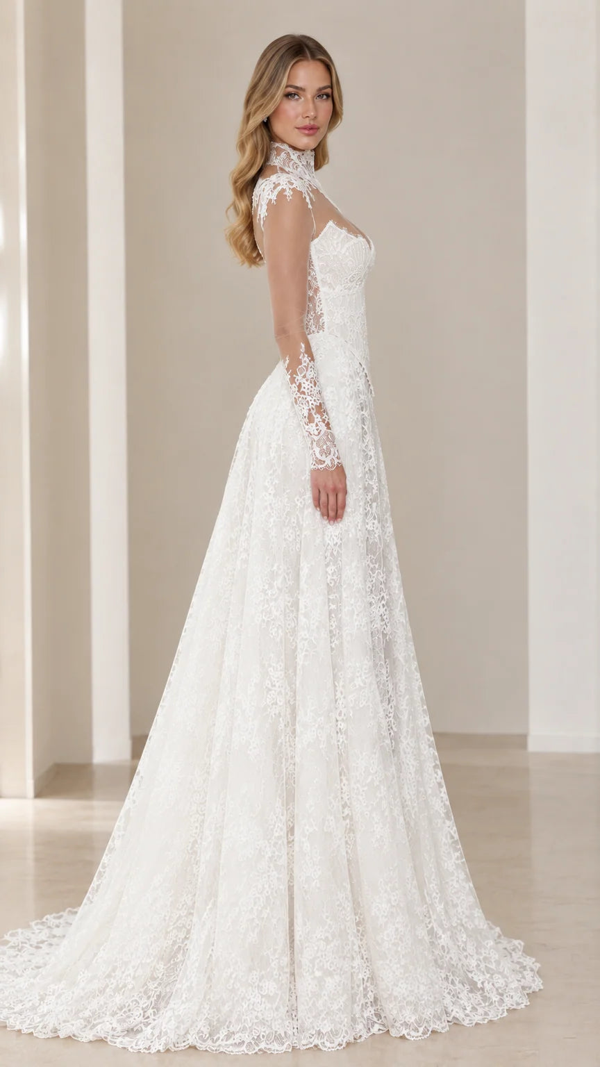 Side profile of model wearing the White high neck lace wedding dress with flowing skirt