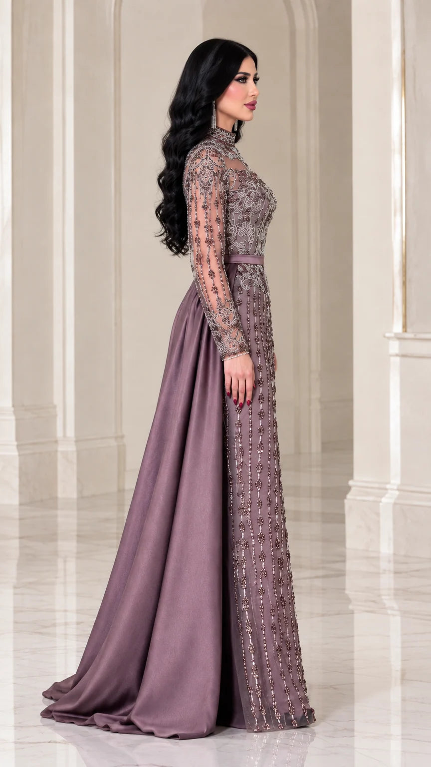 Side view of dusty mauve formal gown showing long sleeves and satin train