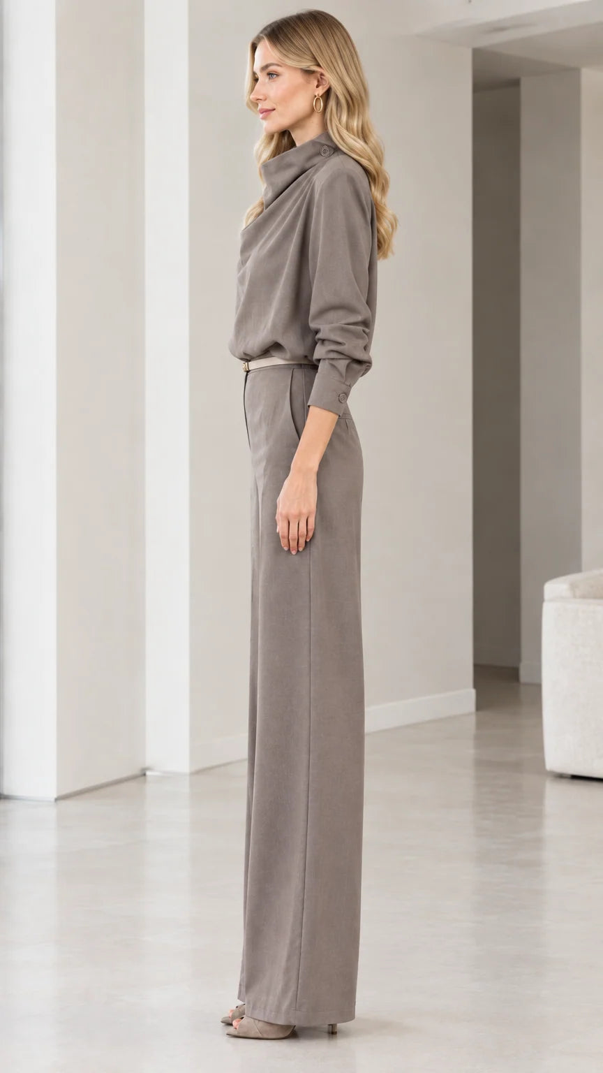 Side profile of elegant Taupe Grey wide-leg long sleeve jumpsuit