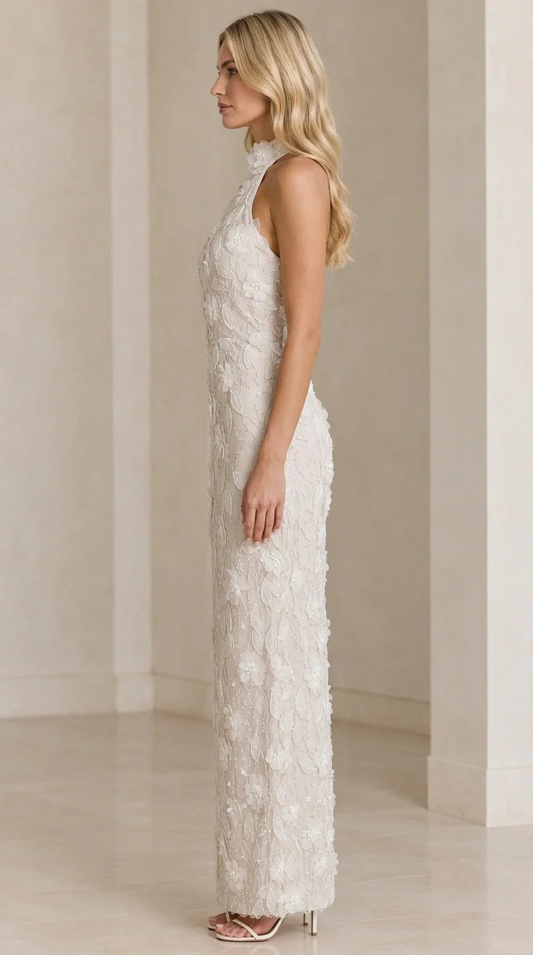Side view of Ivory halter column formal dress showing tailored fit and floral texture