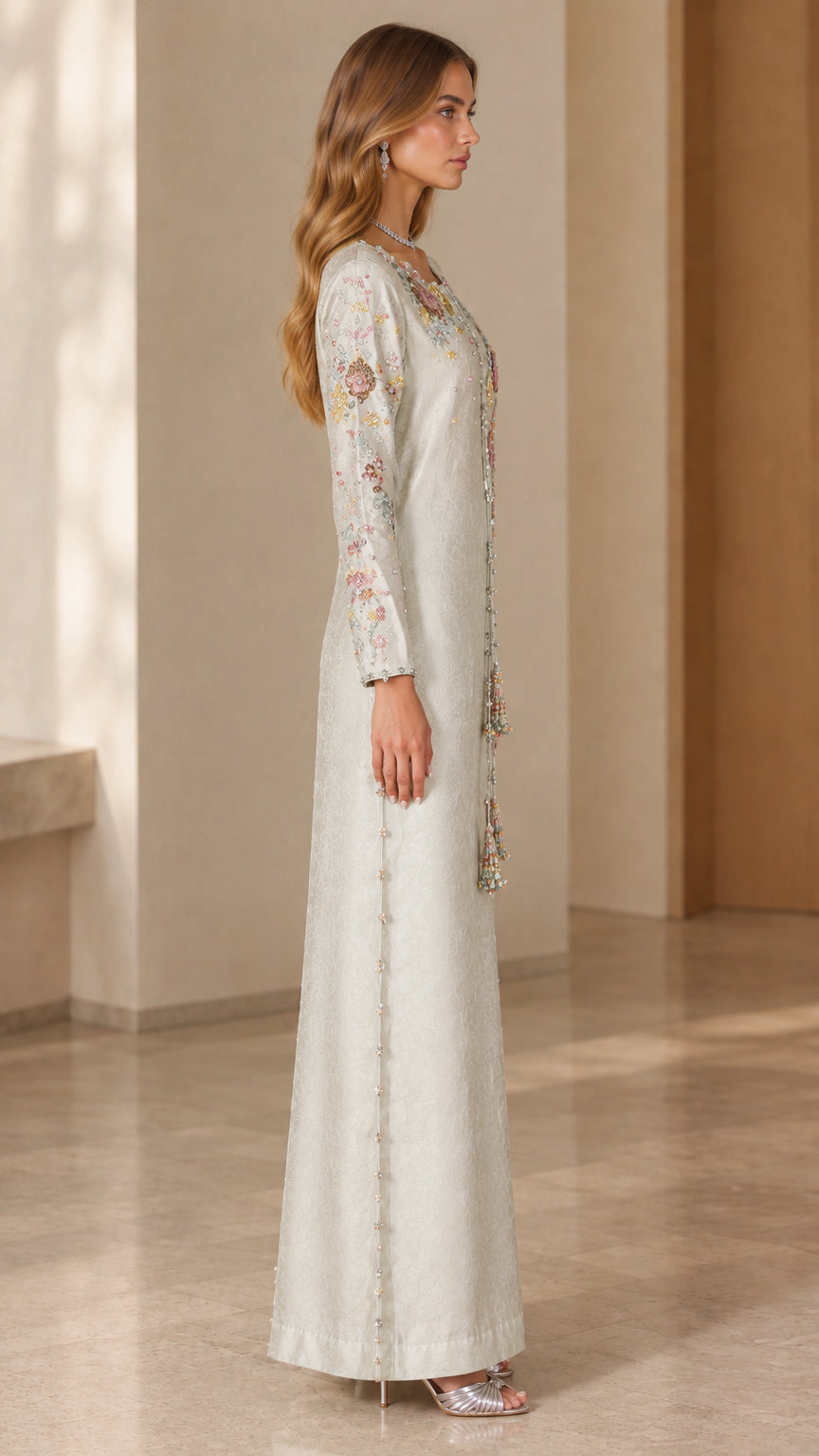 Side profile view of silver long sleeve modest kaftan gown