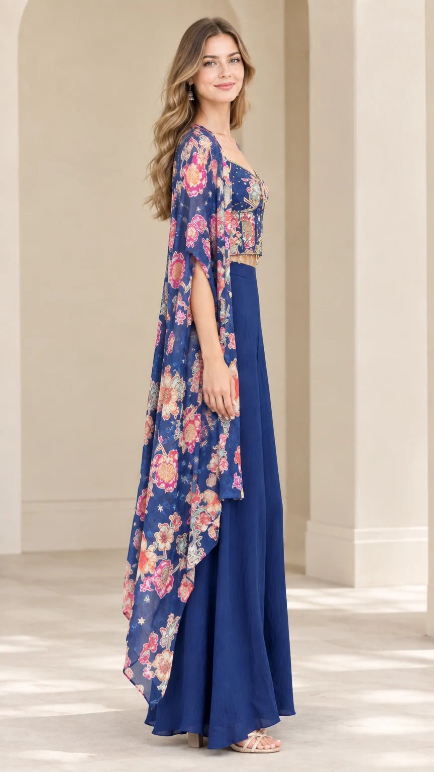 Side profile of royal blue floral print cape and wide-leg trousers