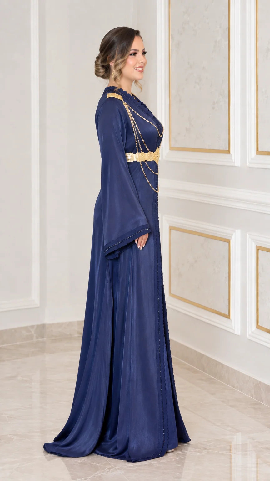 Side profile view of navy blue satin evening kaftan gown