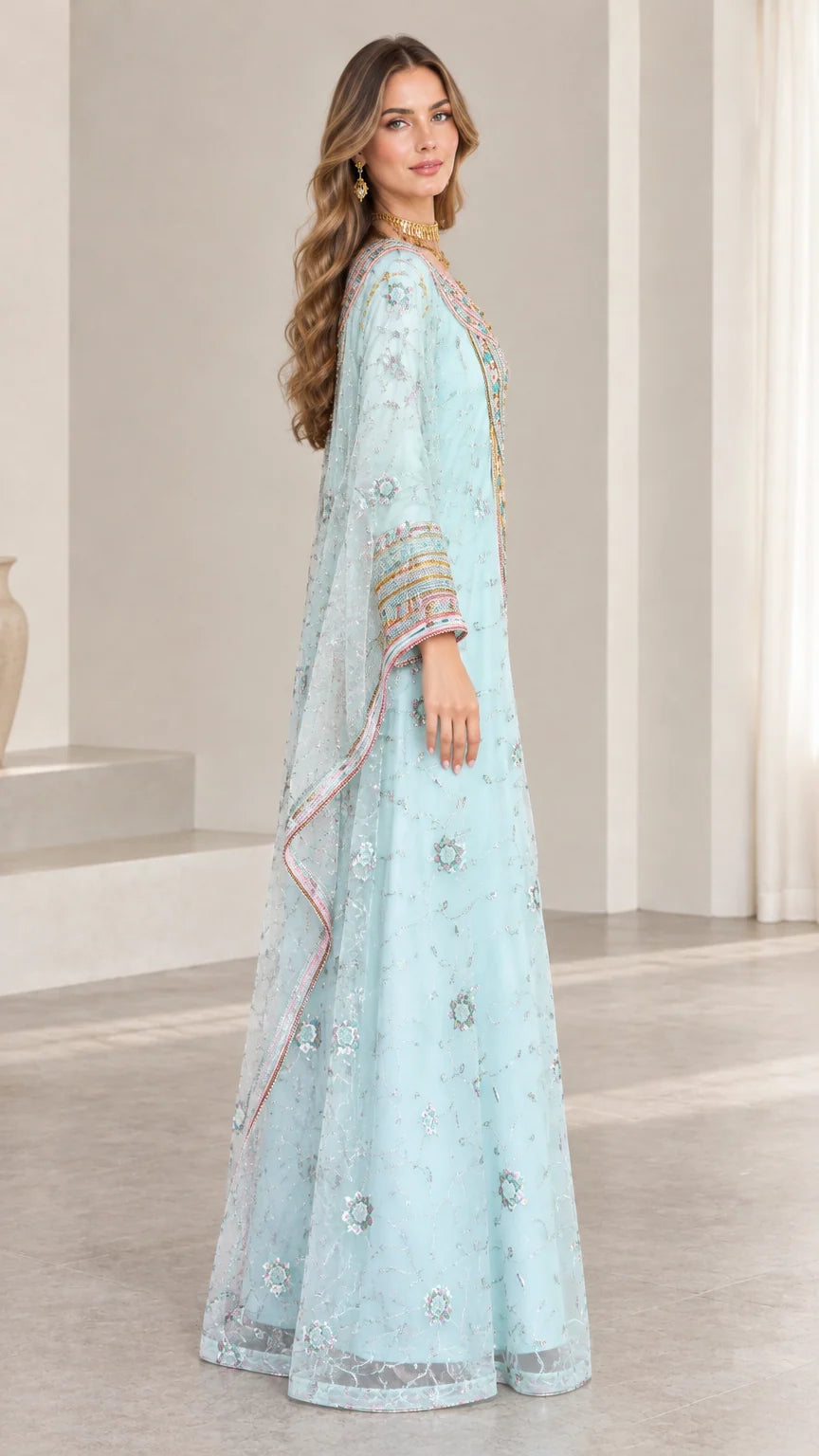 Side angle view of woman wearing sky blue embroidered evening kaftan dress