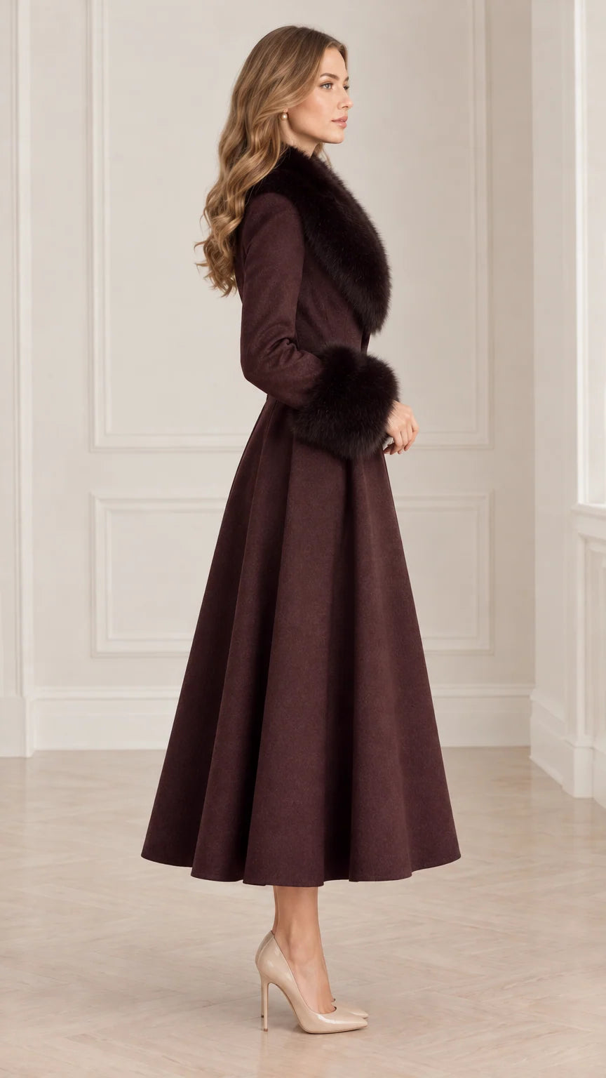 Side profile view of model wearing Burgundy flared midi coat with faux fur collar and cuffs