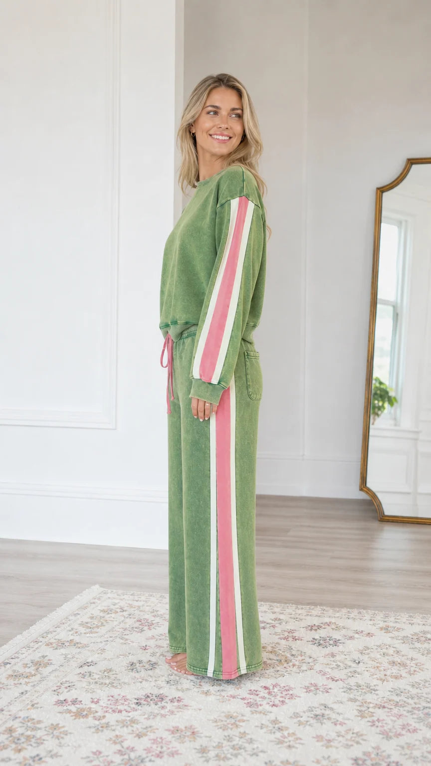 Side profile of model showcasing the contrast side stripes on the Sage Green two-piece sweatsuit set