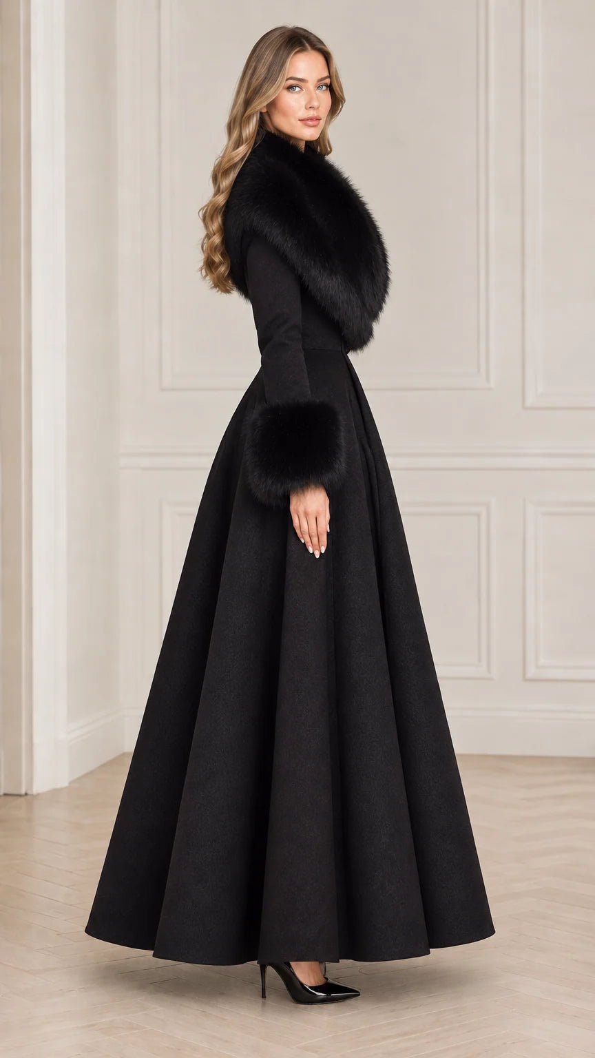Side profile view of elegant black fit and flare maxi coat with fur trim
