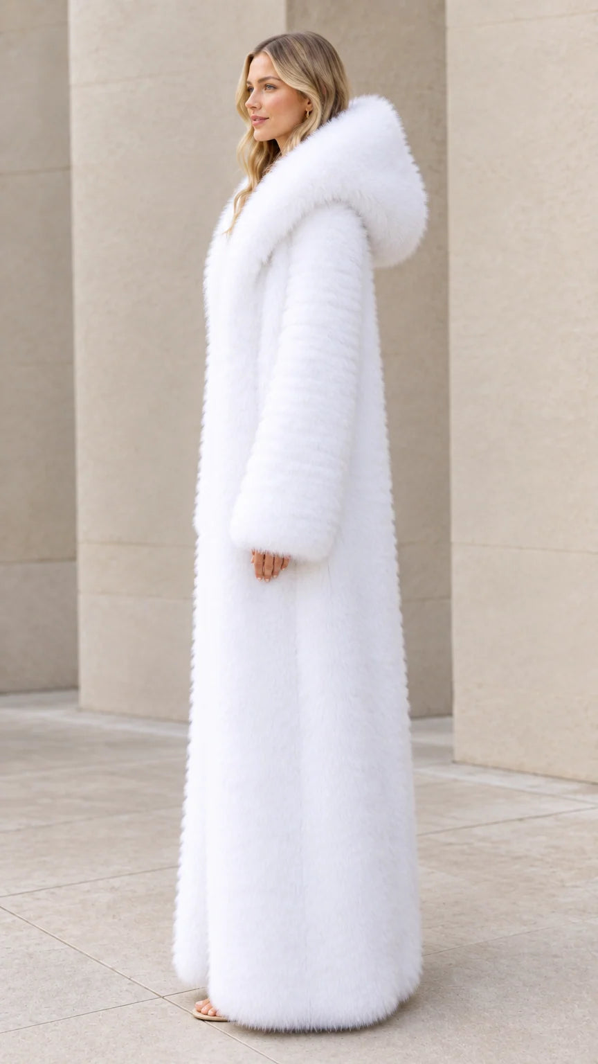 Full-length white hooded faux fur maxi overcoat side view