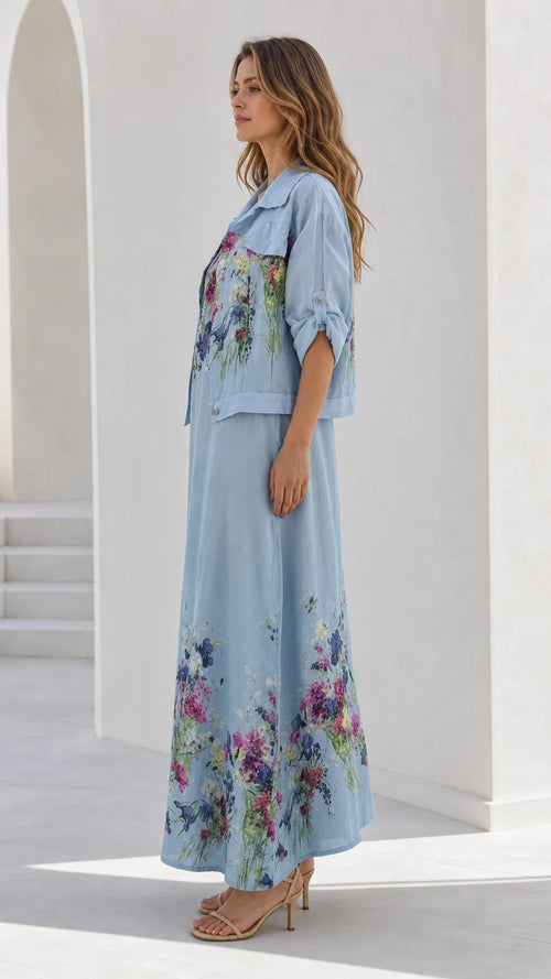 Side profile of sky blue floral two-piece maxi dress set