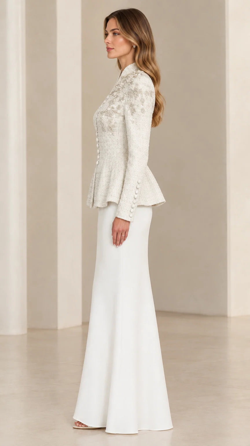 Ivory mother of the bride peplum skirt suit side view
