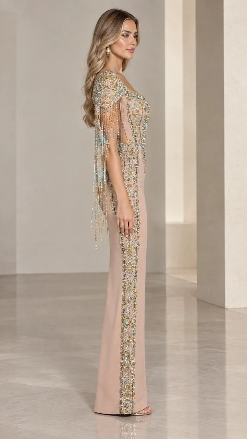 Side profile of model wearing Nude floor-length beaded evening gown