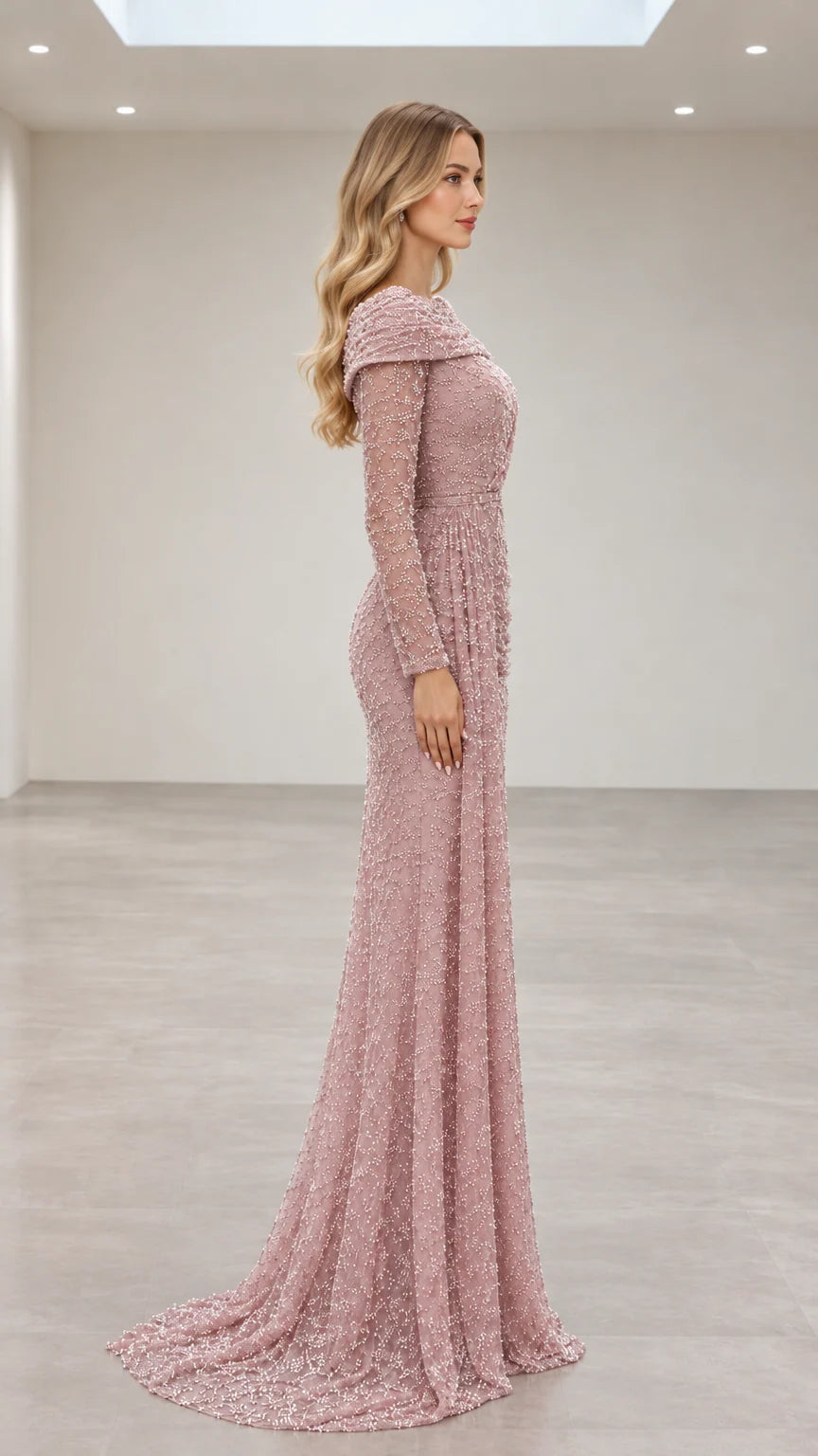 Dusty Rose formal embellished maxi gown - side profile view