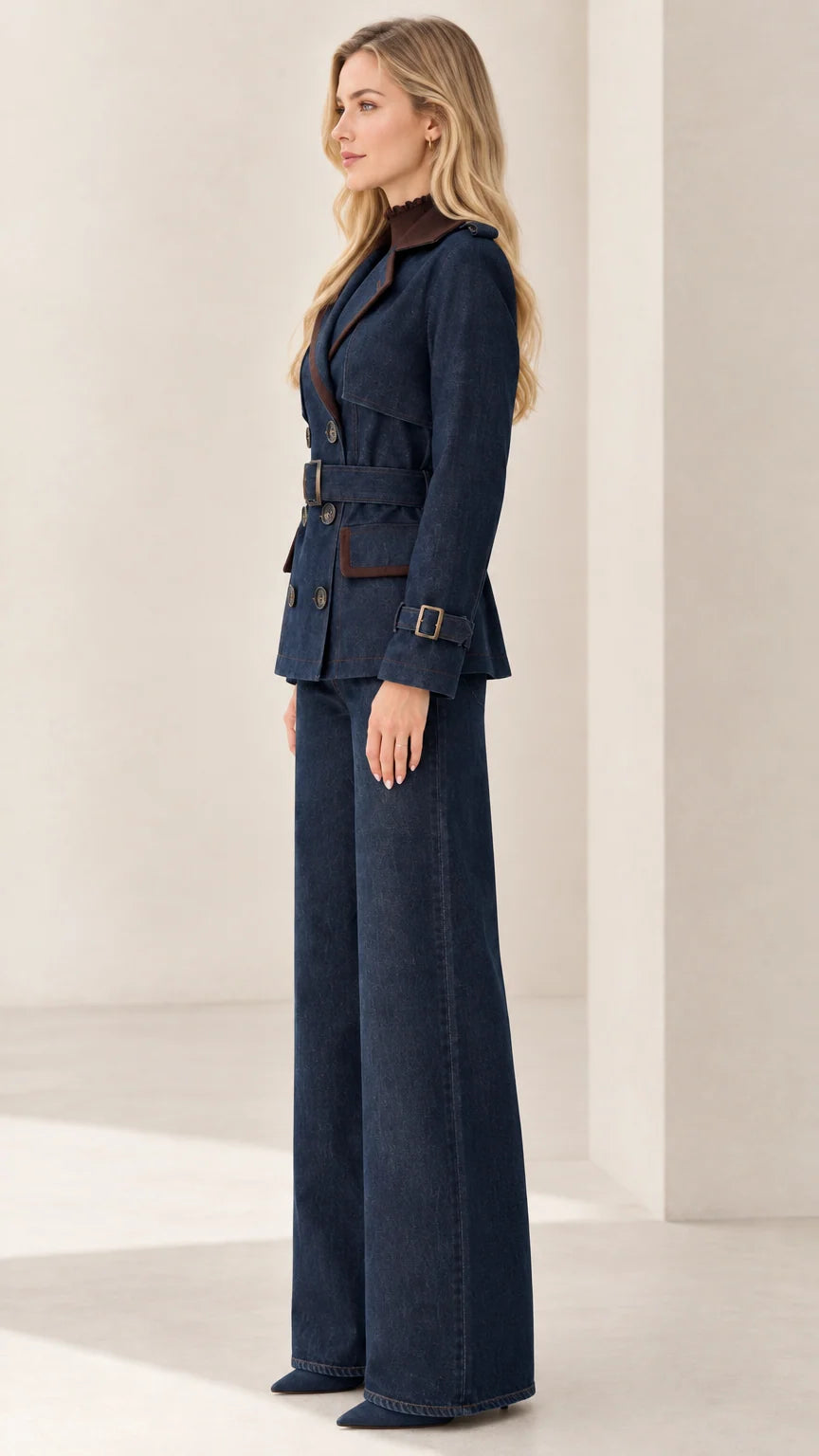 Side profile view of navy blue tailored blazer and wide-leg trousers outfit