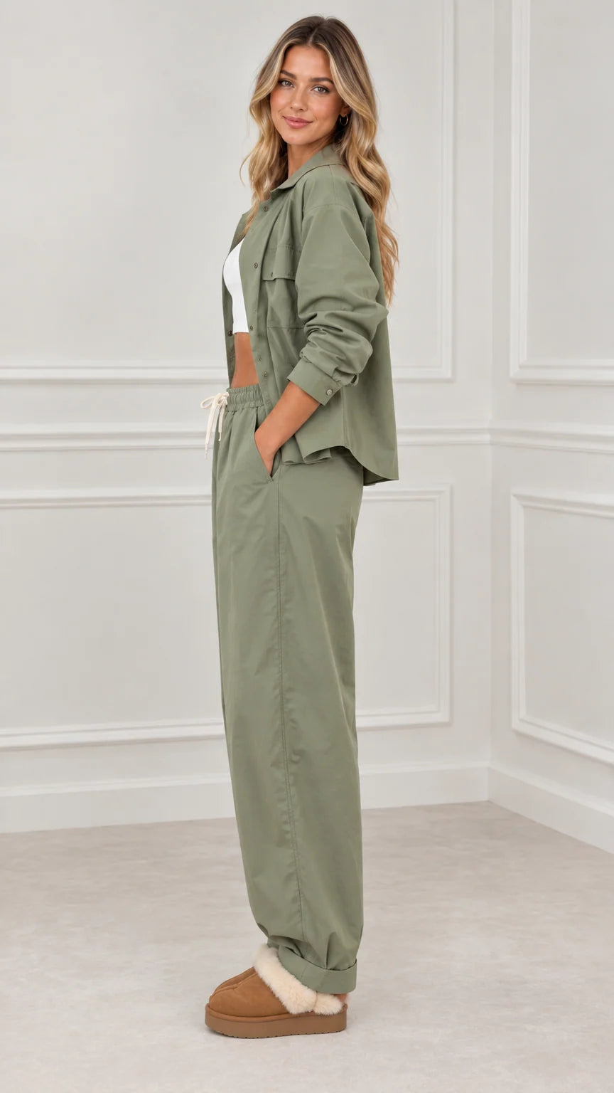 Side full view of woman wearing sage green utility pant set with white inner top