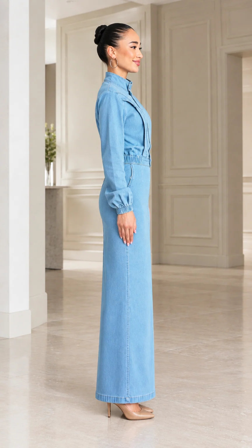 Side profile view of model wearing Light Blue long sleeve denim maxi dress