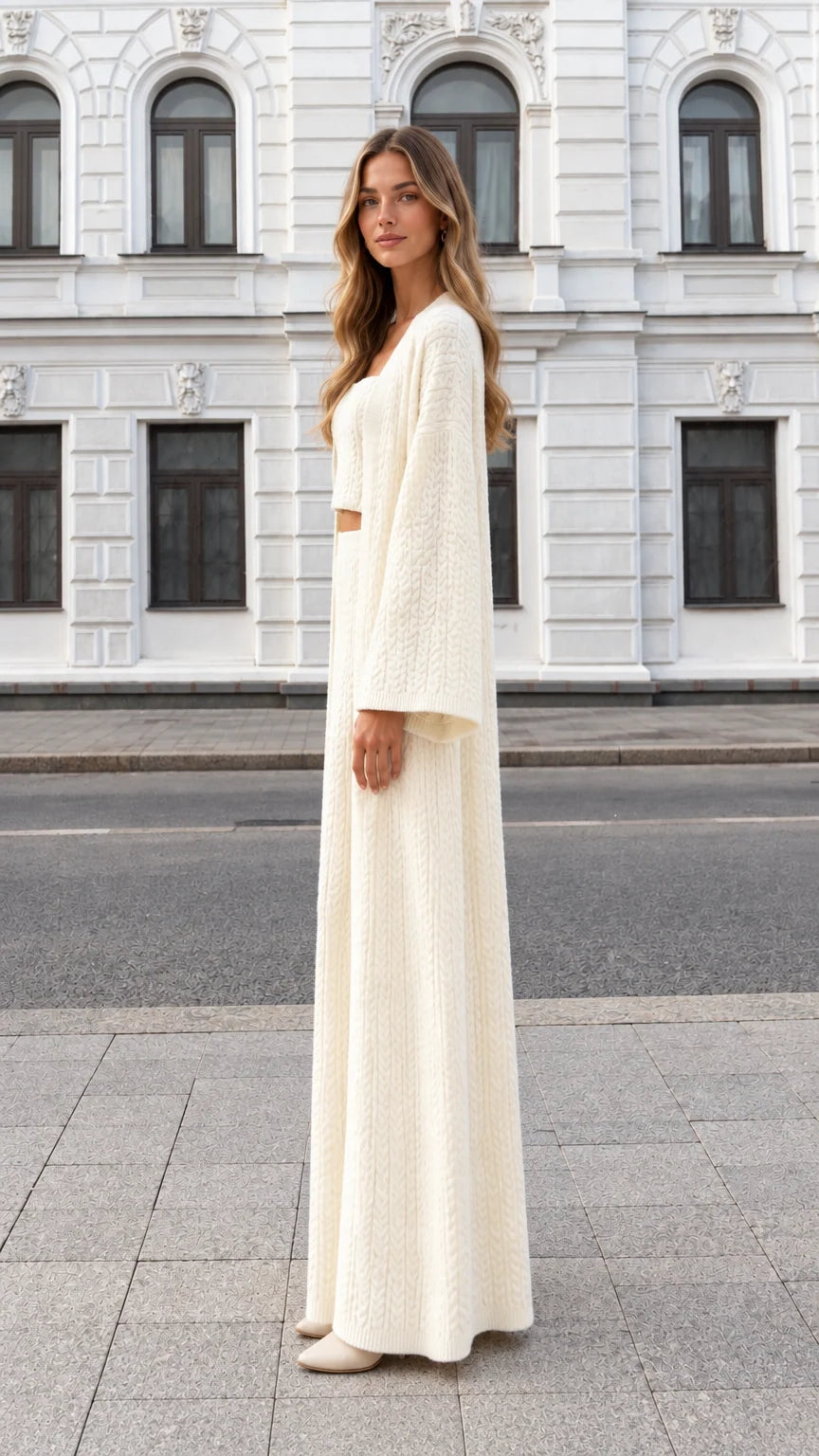 Side profile view of cream 3-piece cable knit outfit with long cardigan and matching maxi skirt