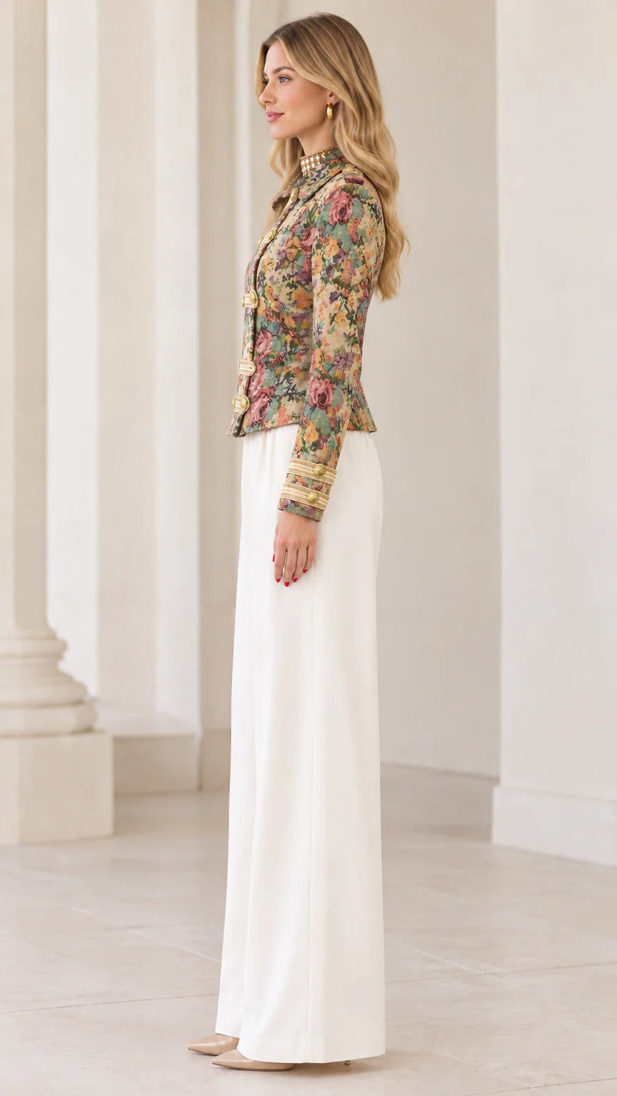 Side profile view of model wearing Multi Floral tapestry military jacket