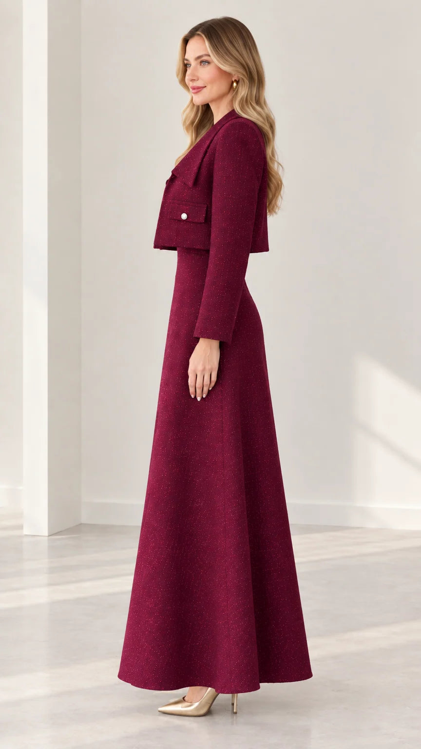Burgundy tweed formal maxi dress set side view