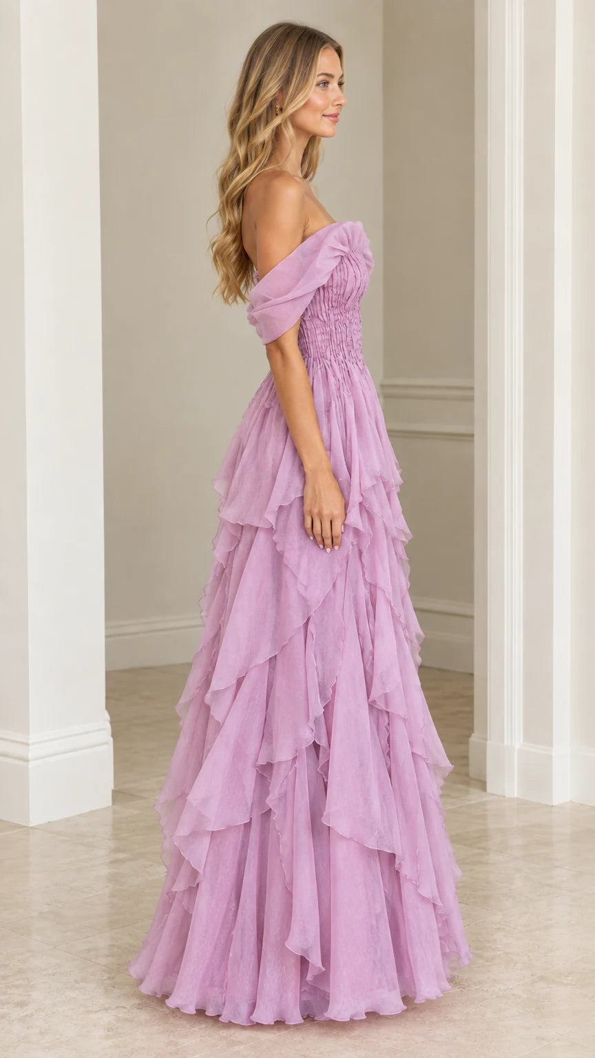 Side profile view of Lilac smocked bodice tiered evening gown
