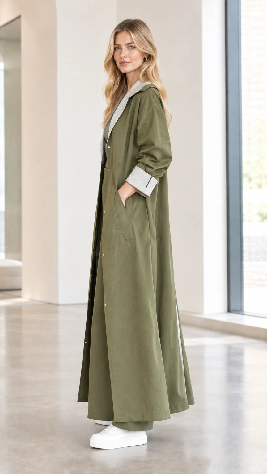 Side profile view of women wearing olive green floor-length duster coat
