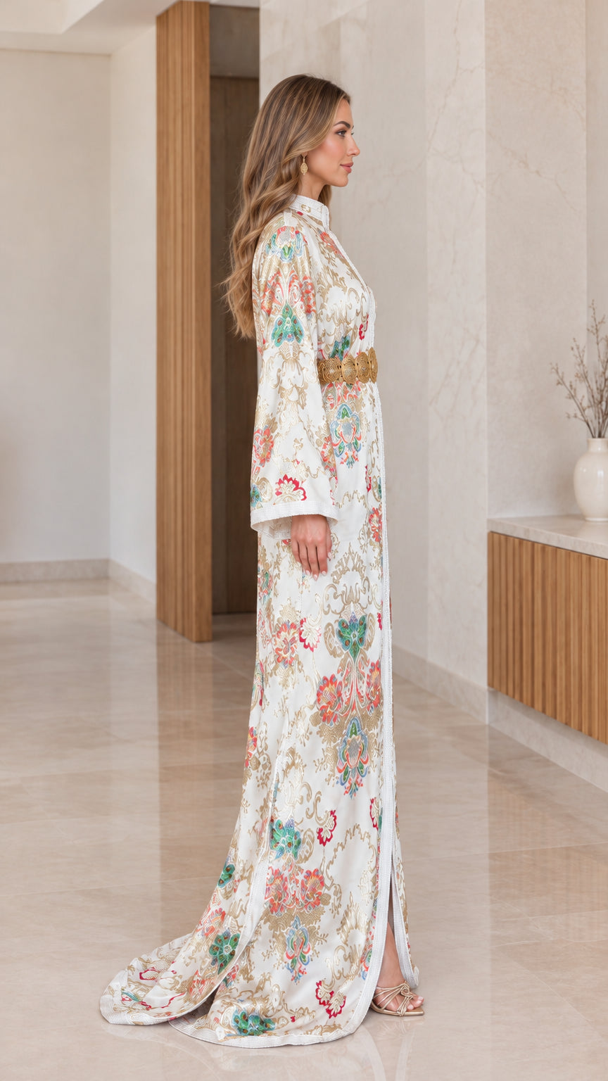 Ivory floral brocade kaftan maxi dress side profile view