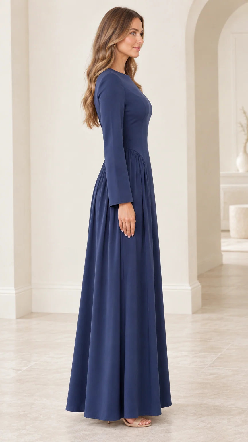 Side angle of navy blue elegant long sleeve A-line maxi gown