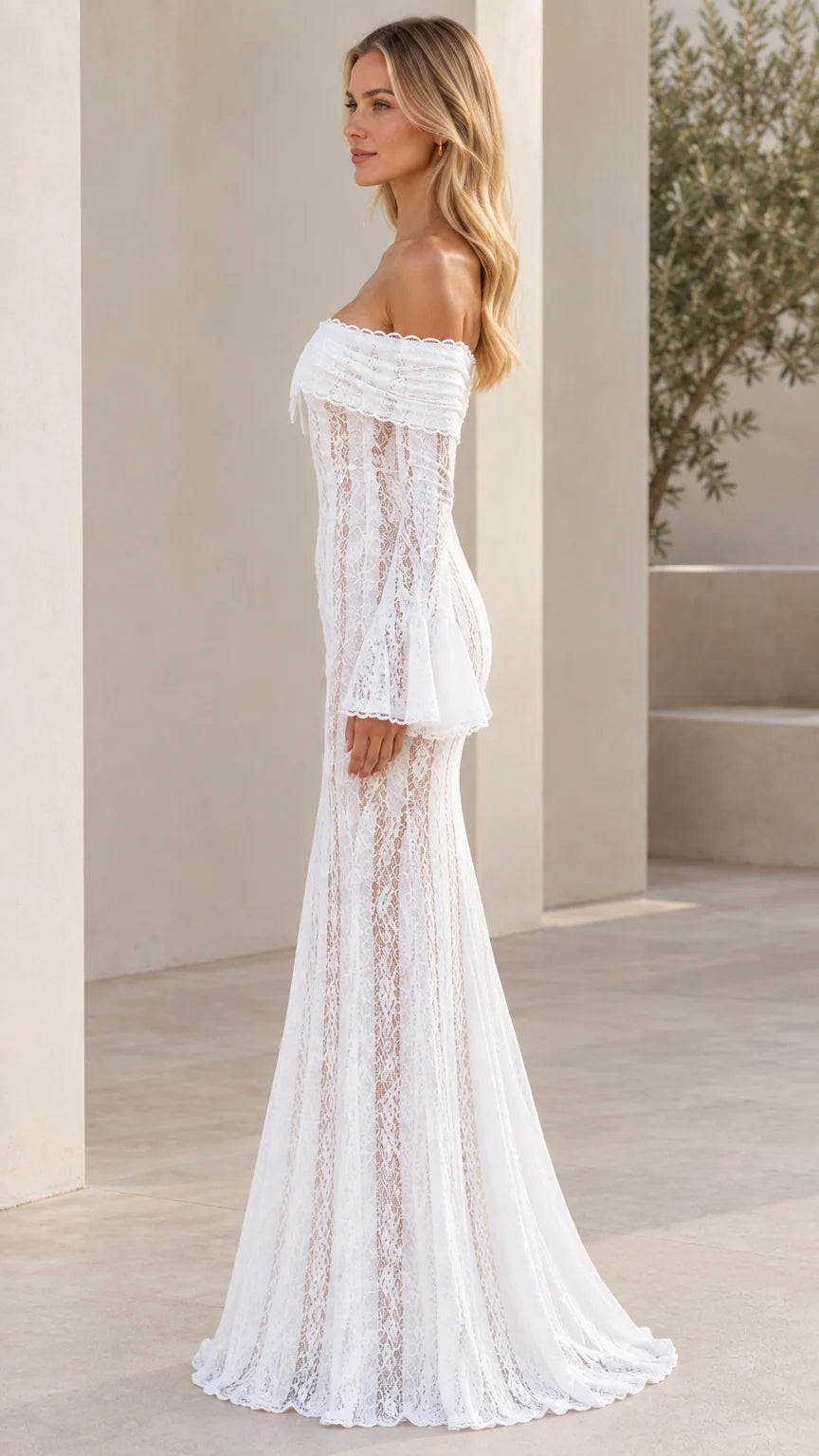White lace bell sleeve maxi dress side profile view