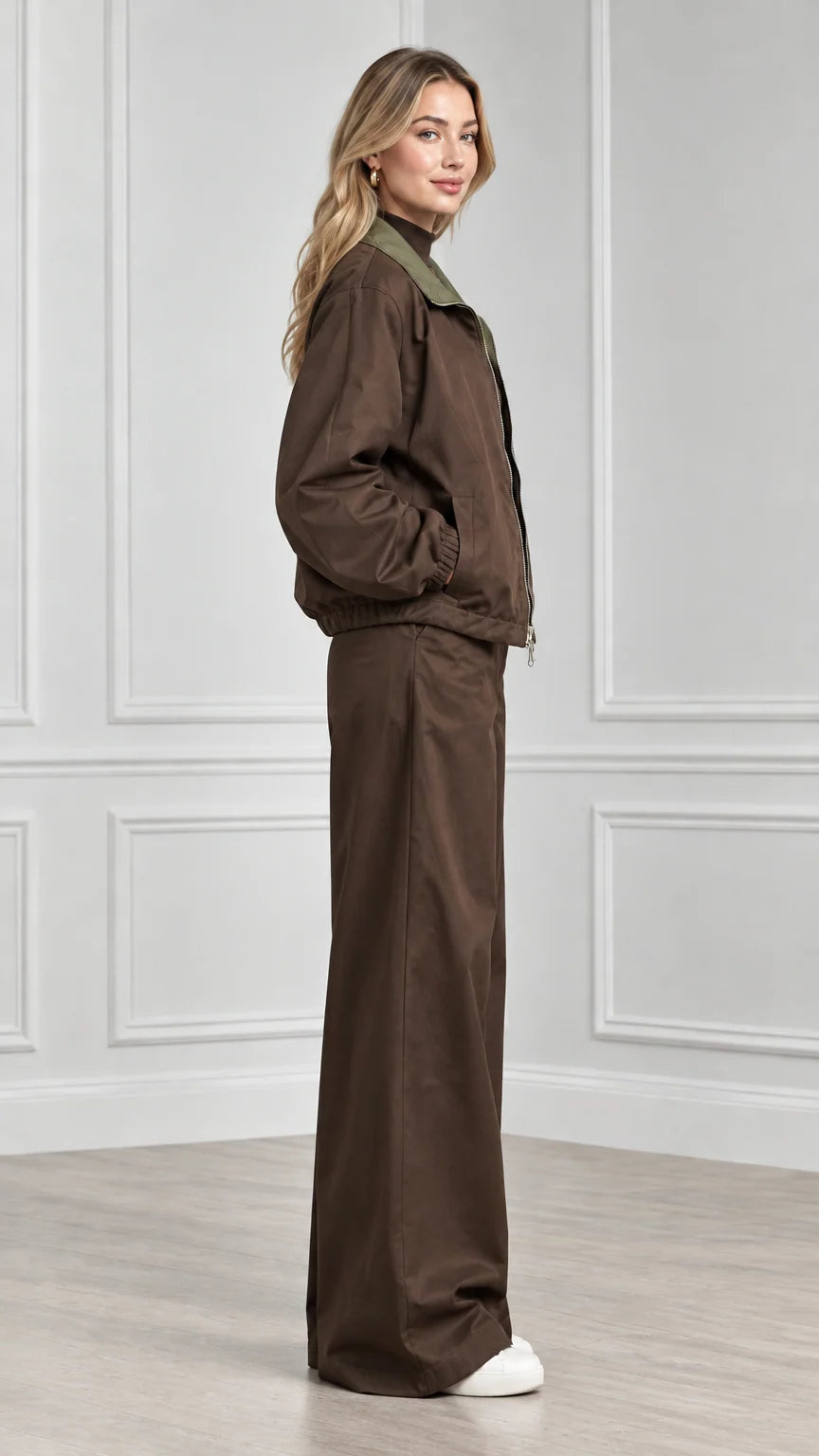 Side profile view of model in brown casual two-piece pants set