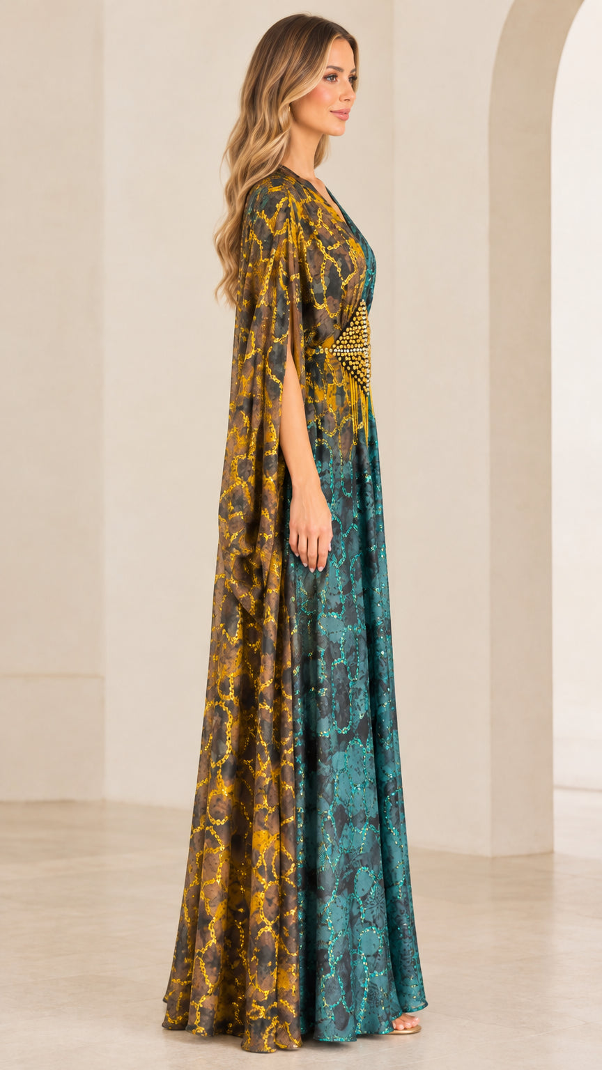 Side angle of flowing teal and gold cape sleeve kaftan gown