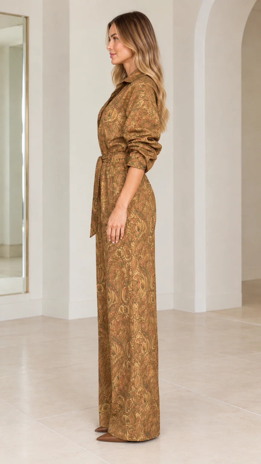 Side profile of woman in camel paisley collared wide leg jumpsuit