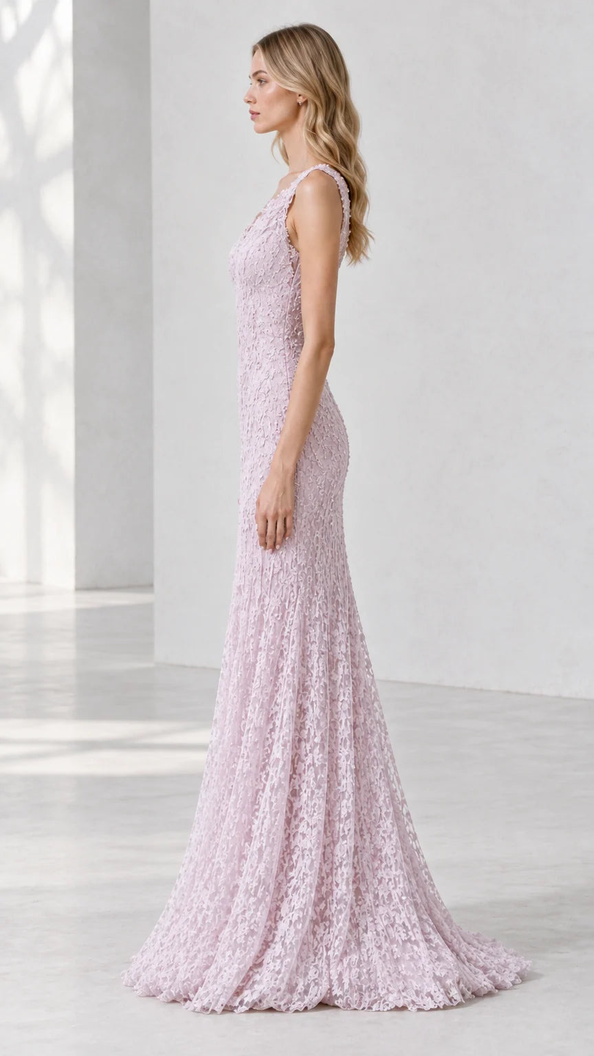 Side profile view of lilac floor-length lace evening dress