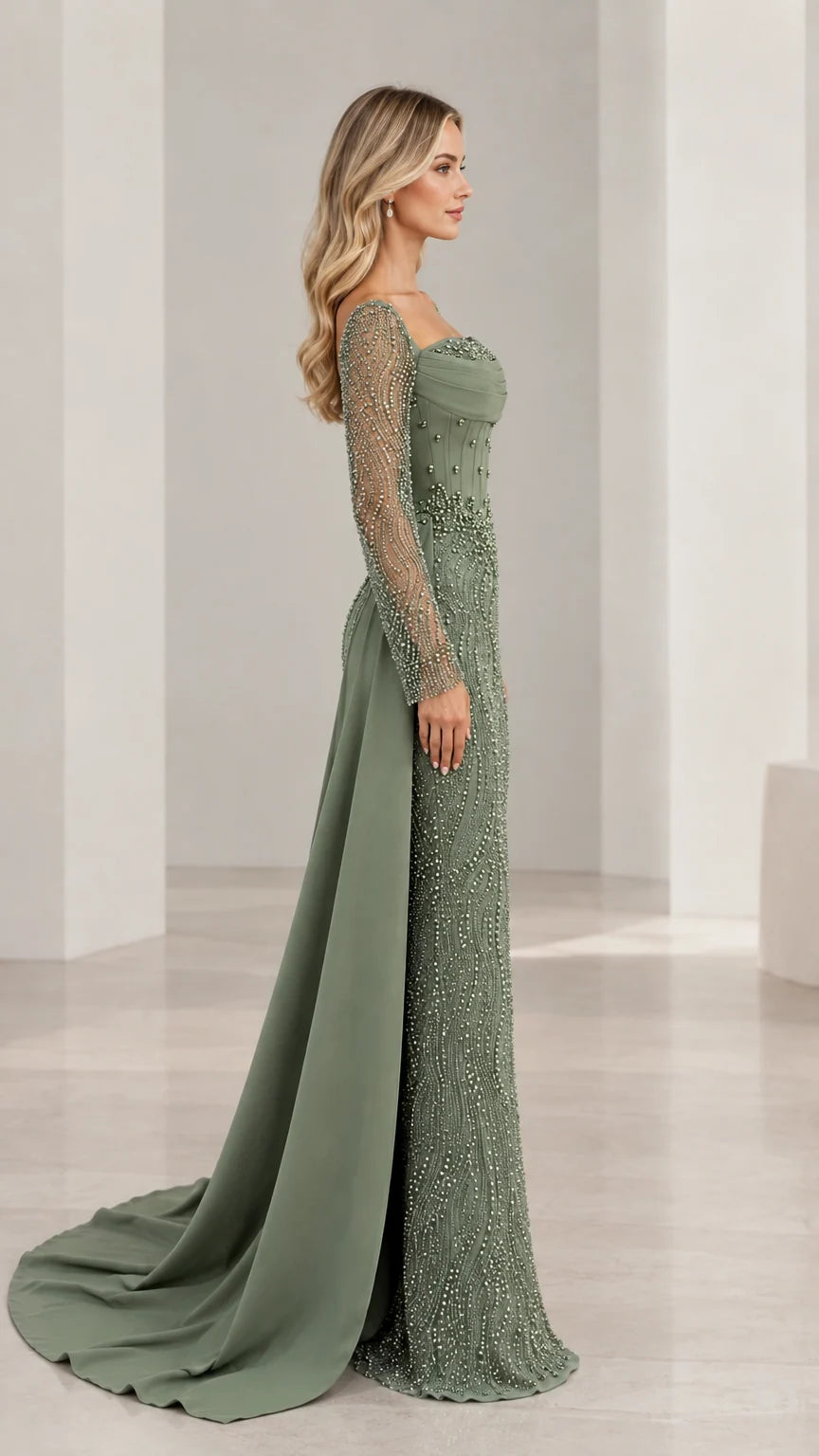 Side view of sage green beaded column gown showing fitted silhouette and train