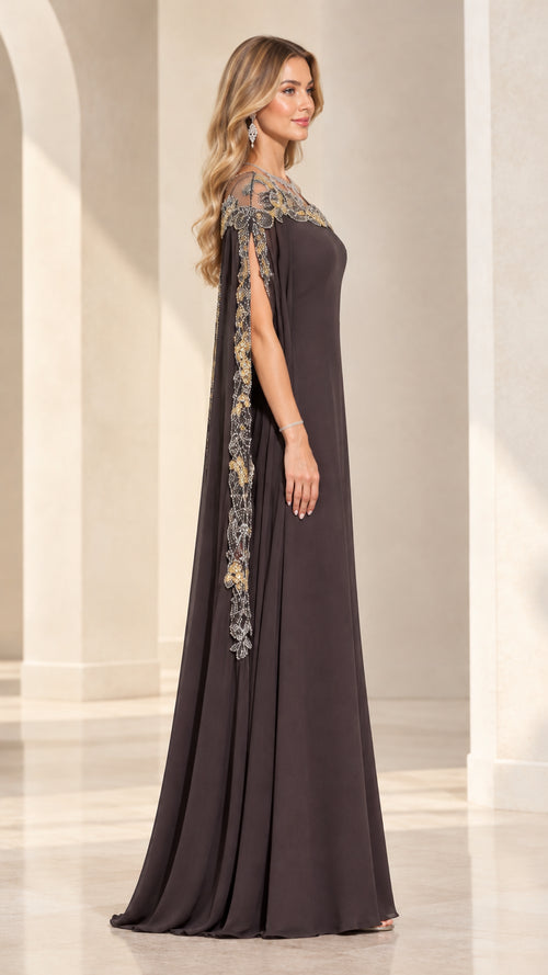 Side profile view of Dark Brown Embroidered Cape Evening Gown showcasing draped split sleeves