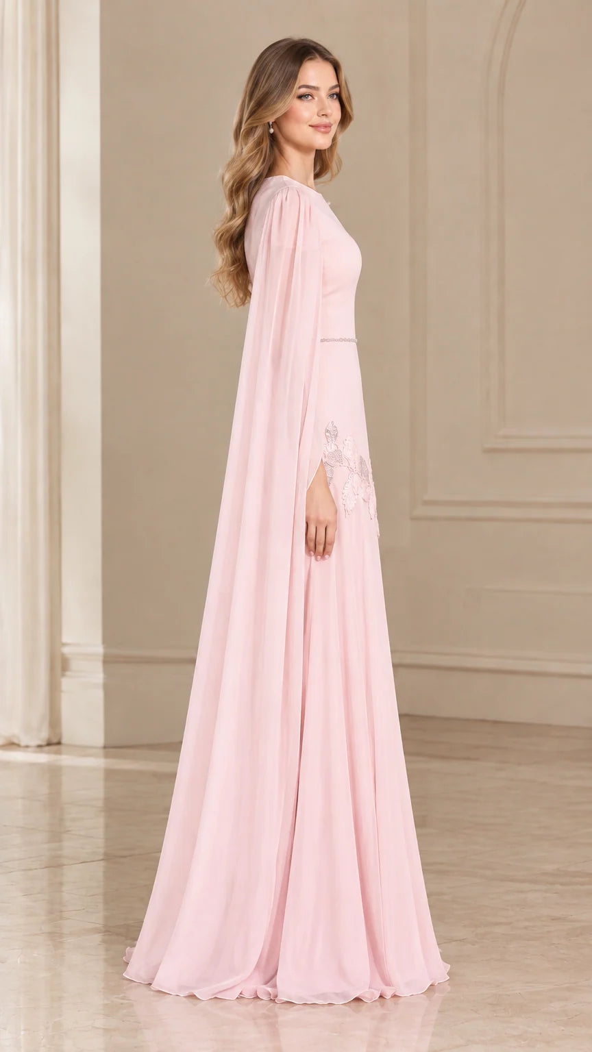 Side profile of Blush Pink cape sleeve formal gown showing flowing silhouette