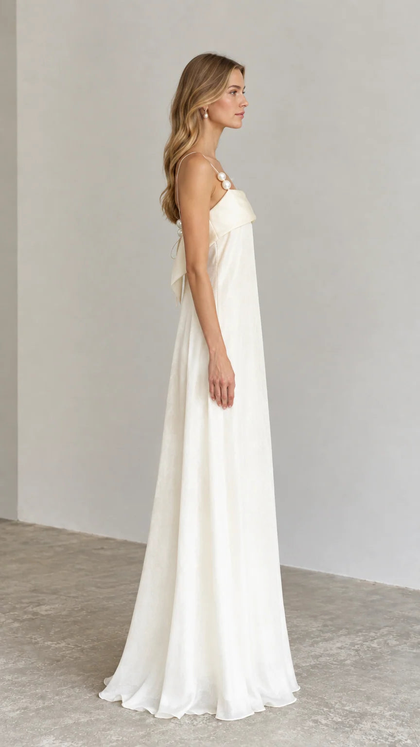 Ivory low back formal slip dress side view