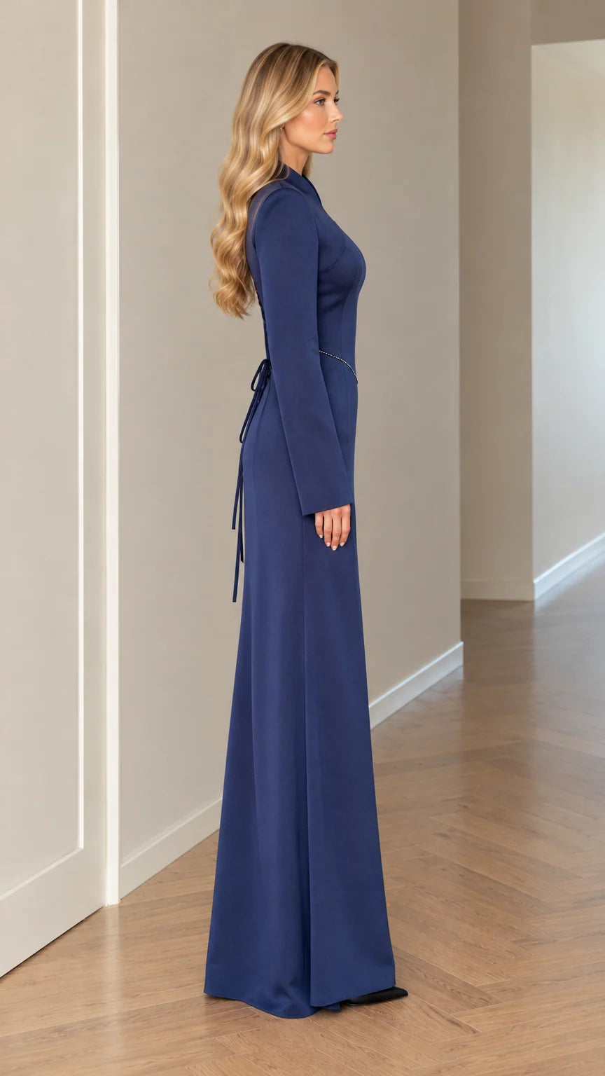 Side profile view of Navy Blue long sleeve formal maxi gown