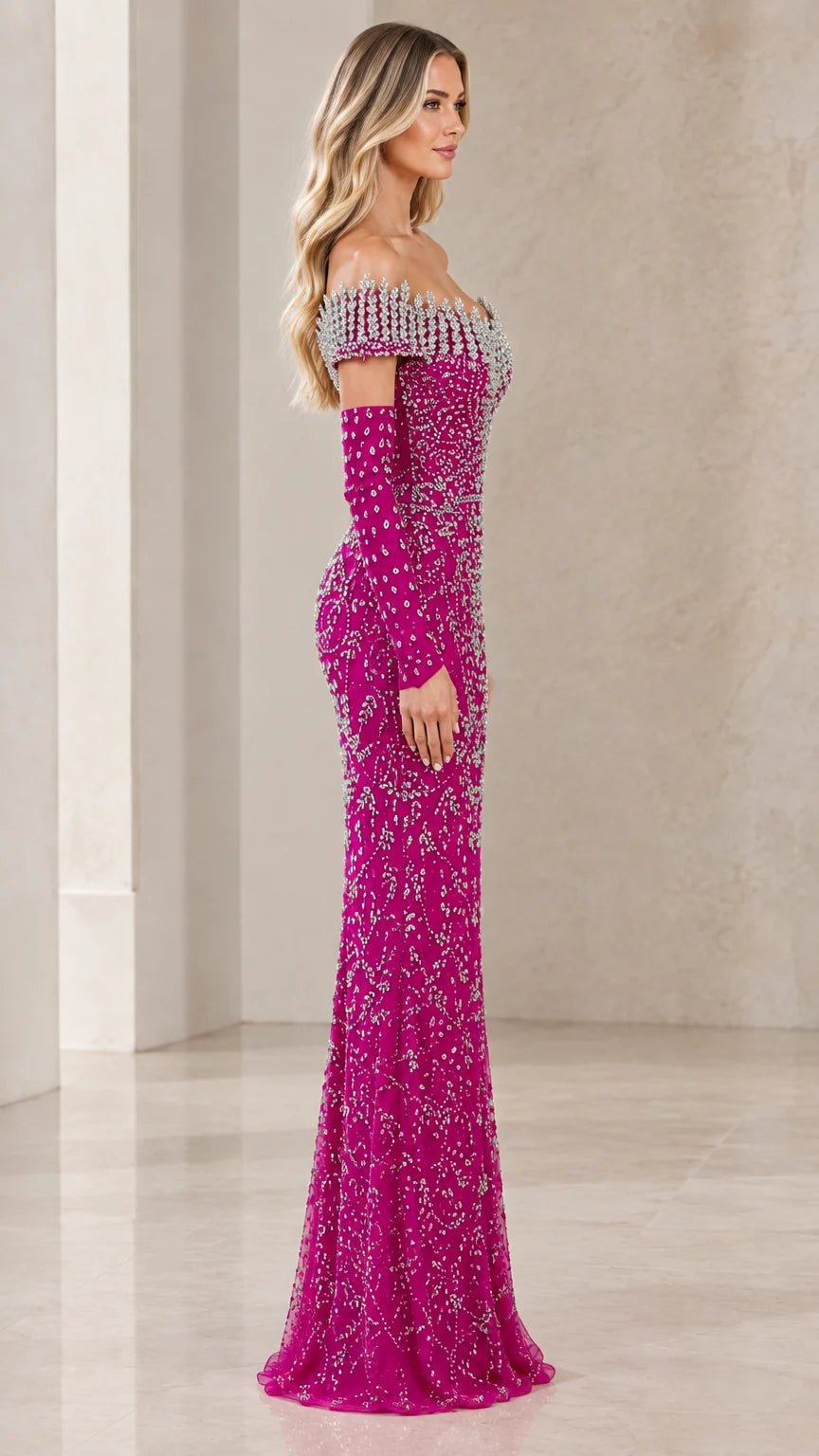 Side profile view of magenta beaded formal gown showing fitted silhouette