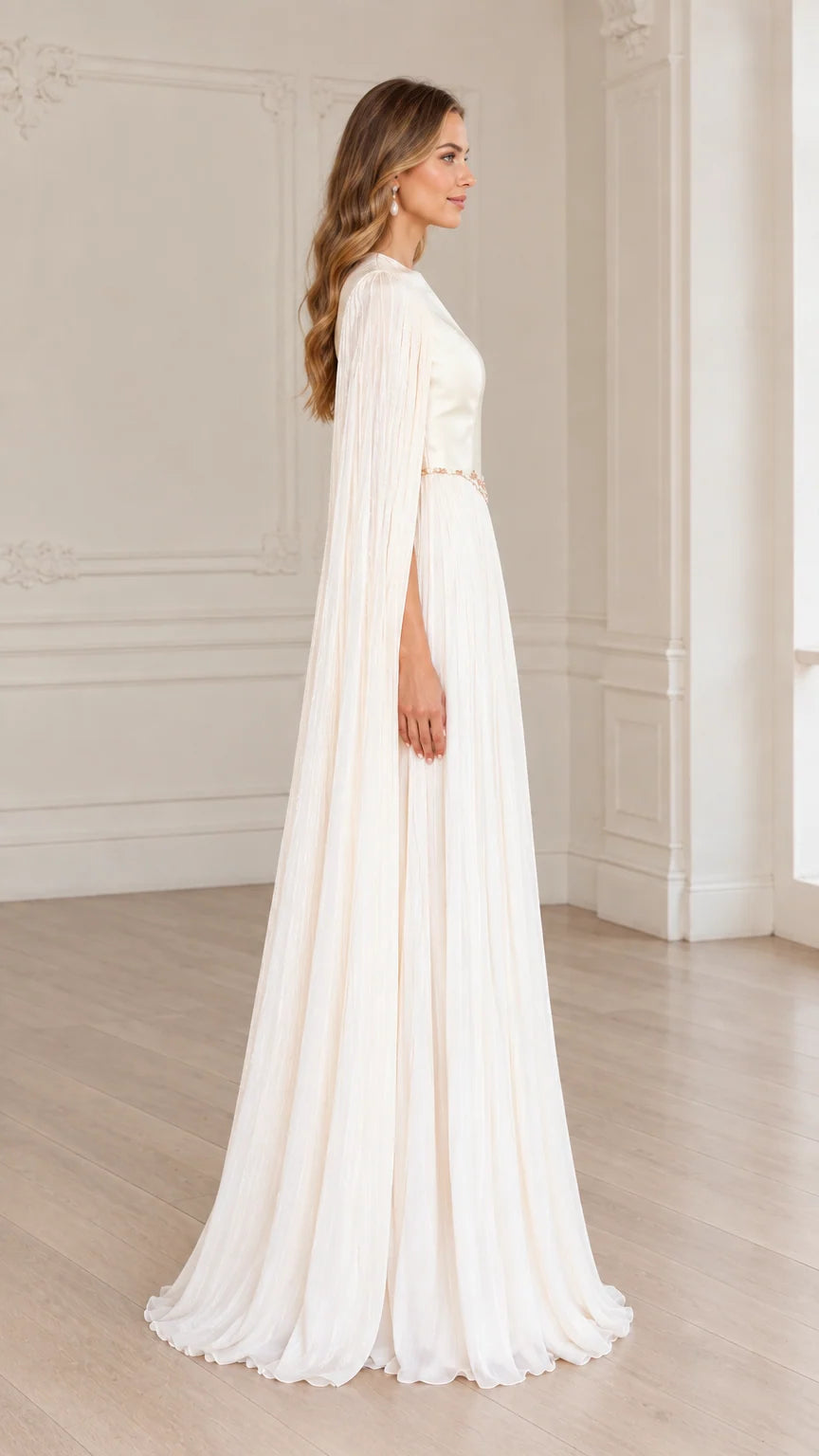 Side profile view of ivory cape sleeve formal maxi dress