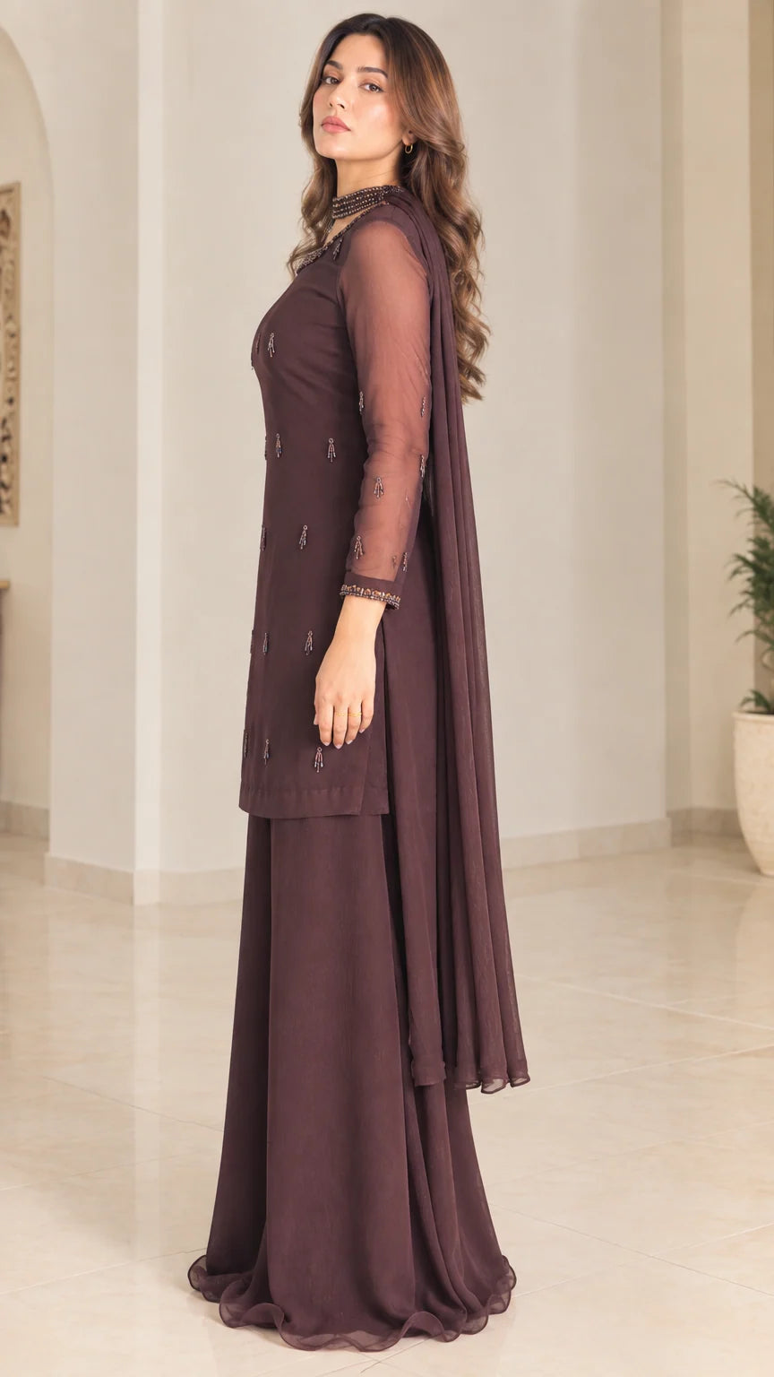Chocolate brown 3-piece sharara suit set side profile view